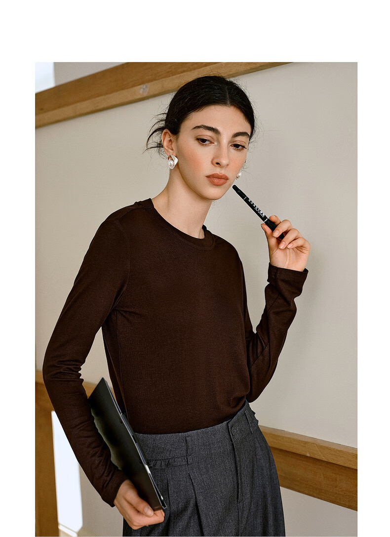 Oulain French Plain Color Basic Versatile Long-Sleeve T-Shirt, Autumn New Simple Fashion Top, Coffee Color, XL 6