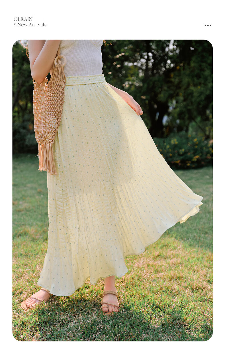 Olrain Yellow Polka Dot Pleated A-Line Skirt Women's Summer High Waist Mid-Length Skirt Yellow S 6