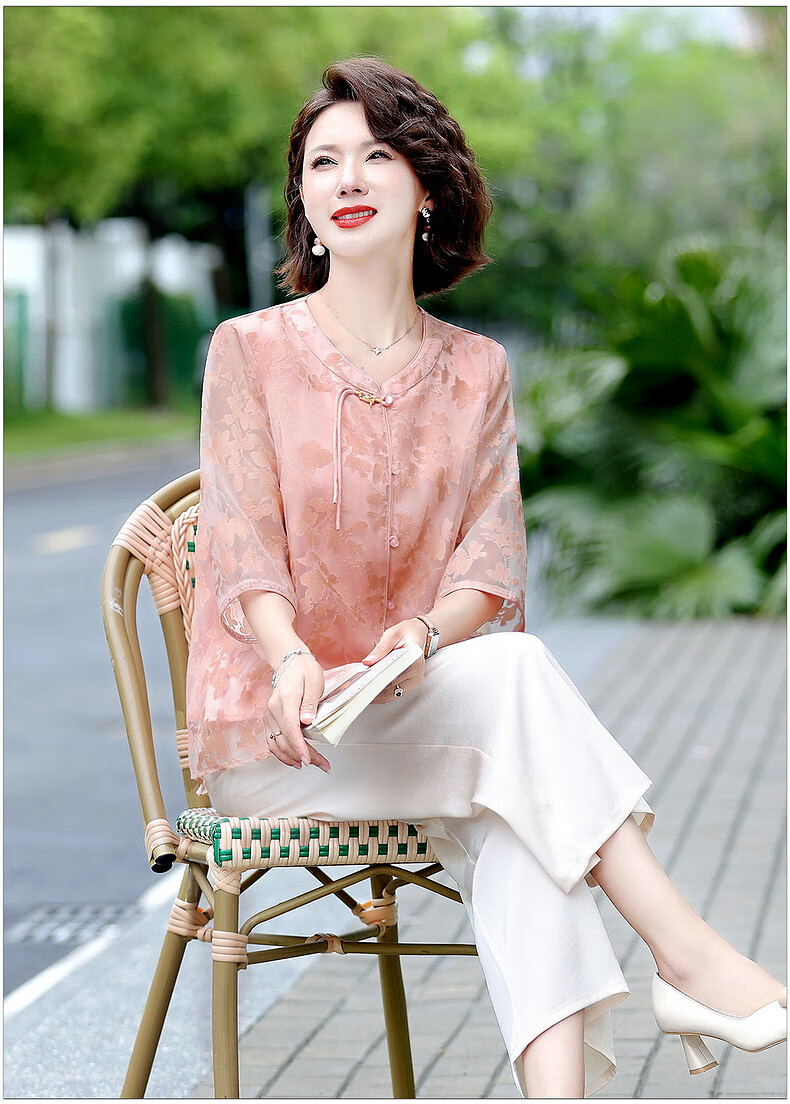 Hodo Middle-aged Elegant Mom Summer Chiffon Shirt Middle-aged and Elderly Women's Summer Cool Short Sleeve Two-piece Set Top 12