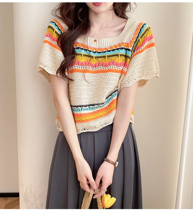 Tangshi 2026 Fashionable Youthful Casual Colorful Striped Women's Short Sleeve Pullover Sweater 8