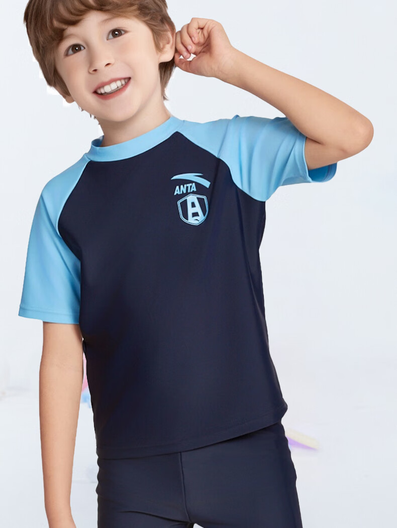 ANTA Men's Children's New Two-Piece Swimsuit, Short-Sleeved Sun Protection, Youth Swimwear, for Older Kids, Beach Shorts, Black, Size 160 5