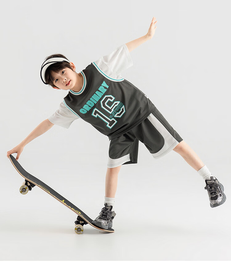 Duoduojia Boys' Sports Mesh Set, Summer Children's Fake Two-Piece Short-Sleeve Pants, Fashionable And Cool Basketball Outfit for Older Kids 19