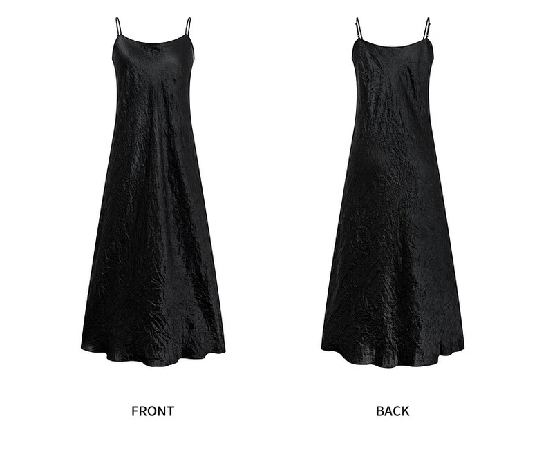 MEIYANG Hepburn Prequel Acetate Spaghetti Strap Dress, Light Luxury Satin Thin Strap Commuter Dress, Black Extended Version, Size S 6