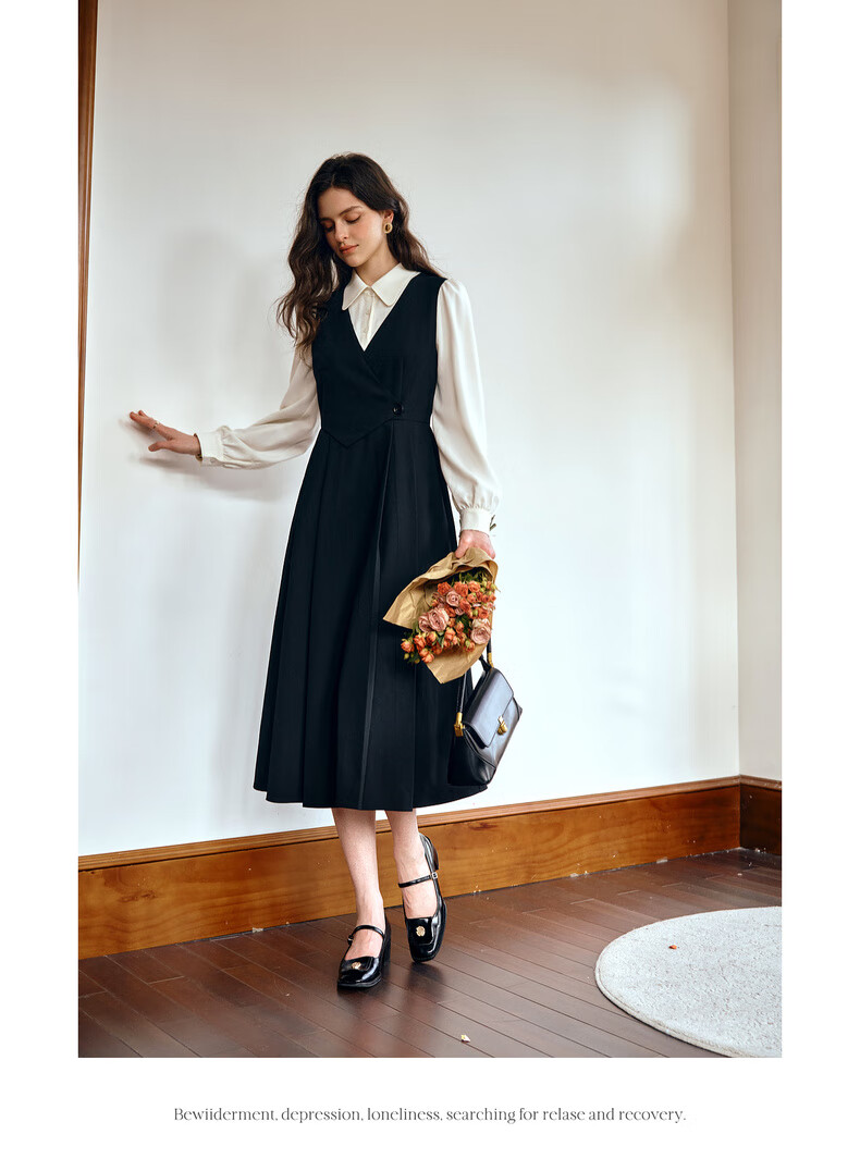 Olrain Elegant Color-Block Spliced Faux Two-Piece Dress Women Autumn New Long Sleeve Dress Black S 9