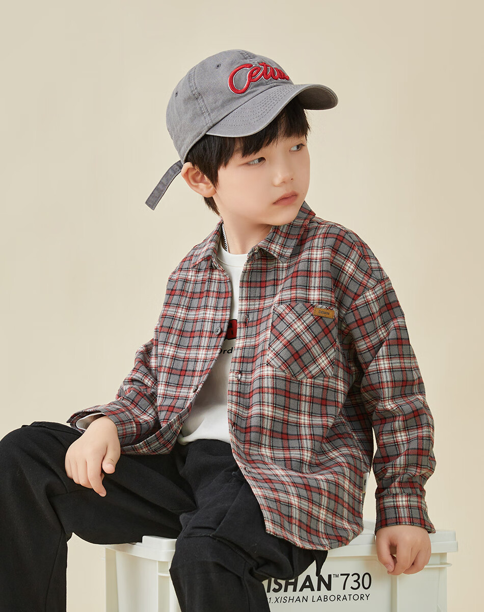 Duoduojia [Color-Block Small Check Pattern Brushed Shirt] Boys Versatile Shirt Spring And Autumn 2026 Children's Casual Long-Sleeve Jacket 1