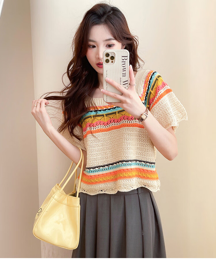 Tangshi 2026 Fashionable Youthful Casual Colorful Striped Women's Short Sleeve Pullover Sweater 1