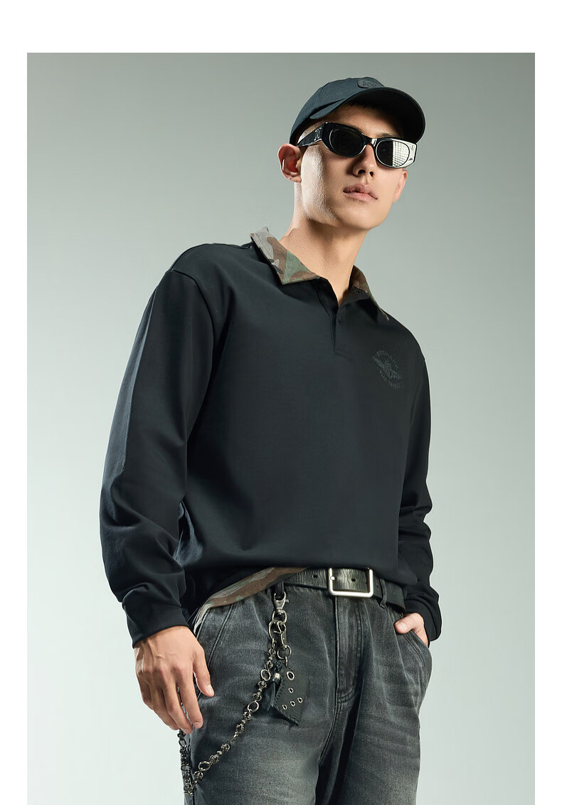CABBEEN 280G Cotton Plain Weave Camouflage Patchwork Collar Men's Embroidered Long Sleeve Polo Shirt Coal Black 11