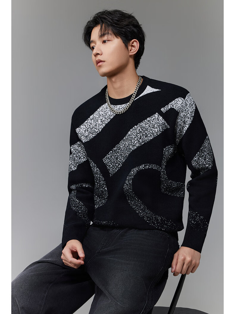 CABBEEN 100% Combed Cotton Men's Logo Geometric Colorblock Jacquard Winter Long Sleeve Sweater 2
