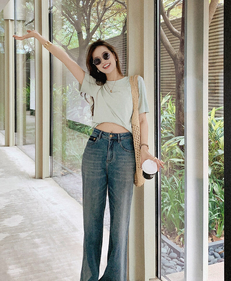 MEIYANG Jelly Denim Jeans Double Core Yarn Elastic Draped Vintage Wide-Leg Pants Blue Regular Fit L 20