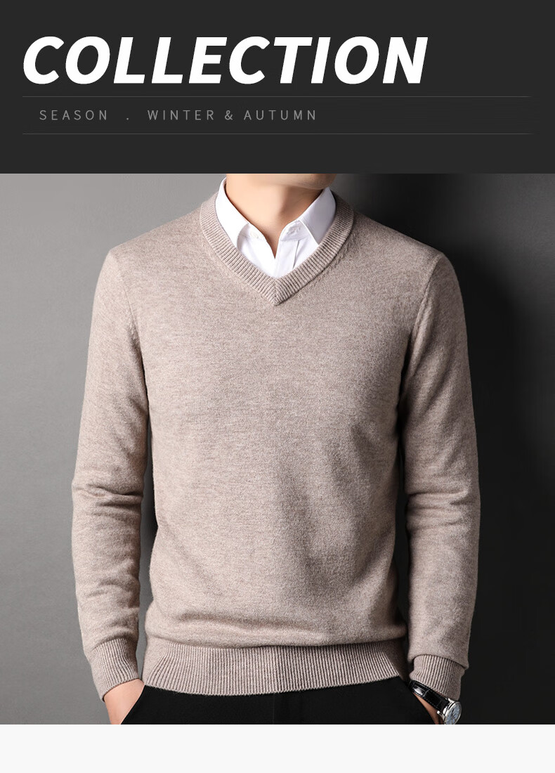 ROMON 100% Pure Wool Men's Thick Heavy 430G Warm V-Neck Casual Knit Sweater for Autumn and Winter 1