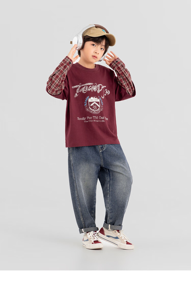 Duoduojia Boys' Sweatshirt, Spring And Autumn Style, Patchwork Long Sleeve, Plaid Retro Print, Children's Faux Two-Piece, Korean-Style Academic Style Top 28