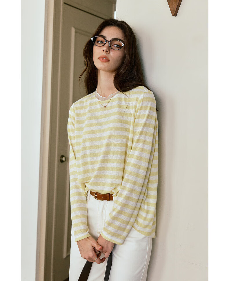 Oulain Round Neck Top Women's Clothing, Autumn New Style, Yellow Striped Pullover Long-Sleeve T-Shirt, Light Yellow, S 9