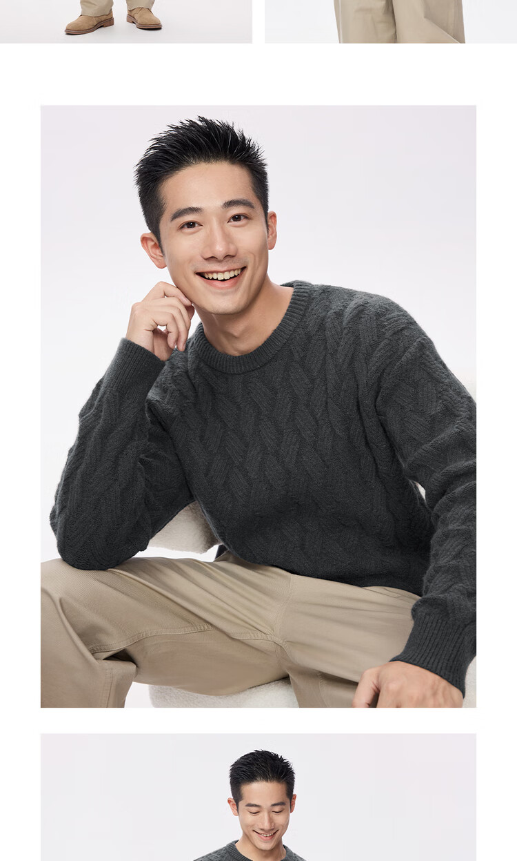Giordano Men's Twisted Pattern Sweater Autumn Winter New Blended Anti-Pilling Vintage Crew Neck Knitwear 13055764 12