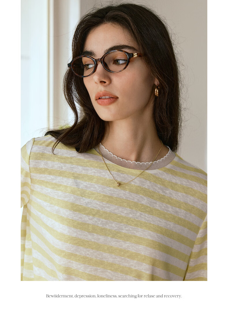 Oulain Round Neck Top Women's Clothing, Autumn New Style, Yellow Striped Pullover Long-Sleeve T-Shirt, Light Yellow, S 10