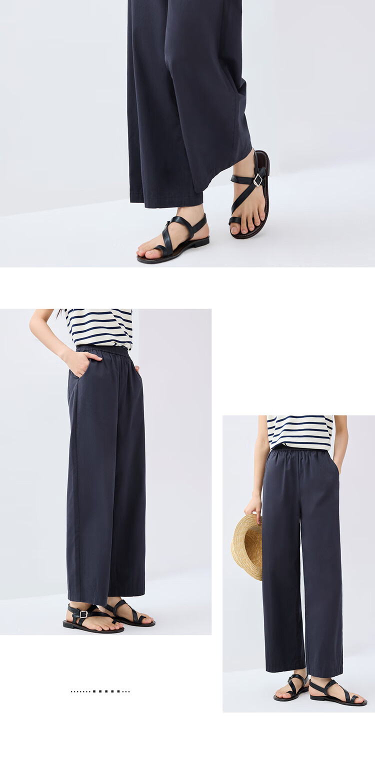 Giordano Women's Pants, Pure Cotton Lightweight Pleated Straight-Leg Trousers, Elastic Waist Casual Capri Pants, Women's 05425065 12