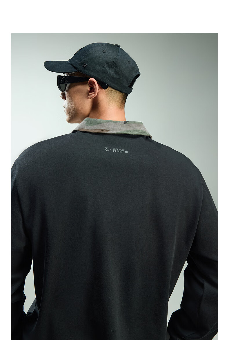 CABBEEN 280G Cotton Plain Weave Camouflage Patchwork Collar Men's Embroidered Long Sleeve Polo Shirt Coal Black 4