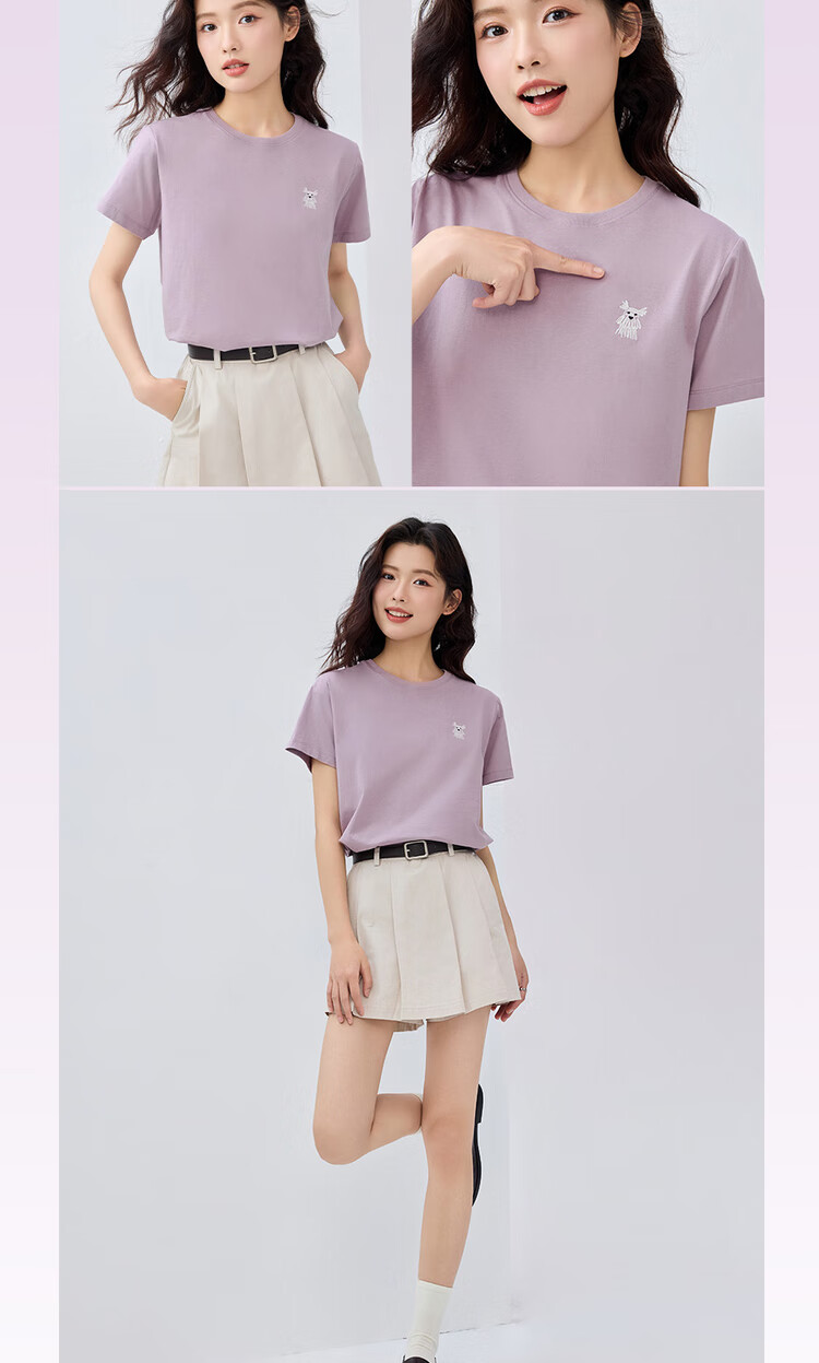 Giordano Women's Short-Sleeve T-Shirt, Summer Pure Cotton, Cute Animal Embroidery, Round Neck Top, Women's 05395381 10
