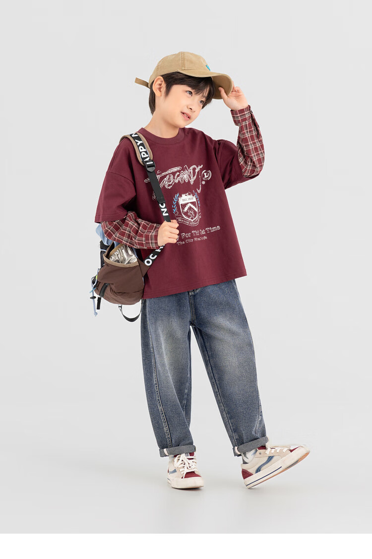 Duoduojia Boys' Sweatshirt, Spring And Autumn Style, Patchwork Long Sleeve, Plaid Retro Print, Children's Faux Two-Piece, Korean-Style Academic Style Top 20