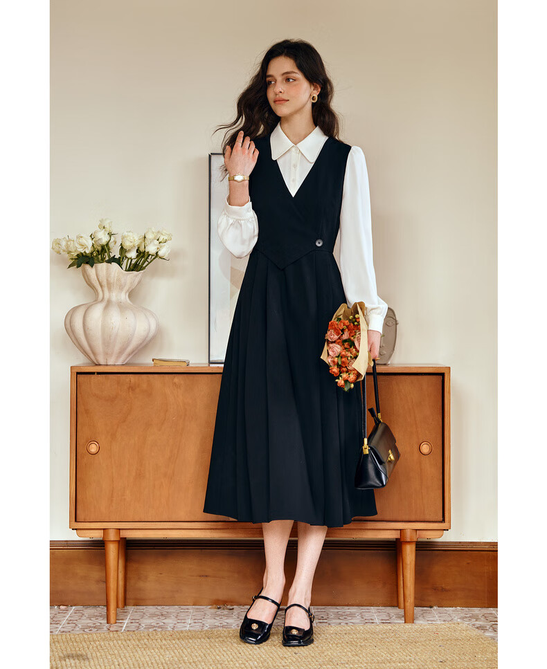 Olrain Elegant Color-Block Spliced Faux Two-Piece Dress Women Autumn New Long Sleeve Dress Black S 8