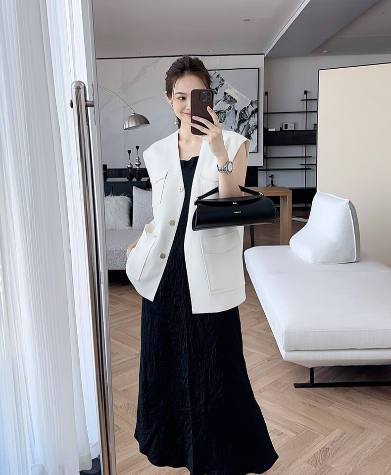 MEIYANG Hepburn Prequel Acetate Spaghetti Strap Dress, Light Luxury Satin Thin Strap Commuter Dress, Black Extended Version, Size S 14