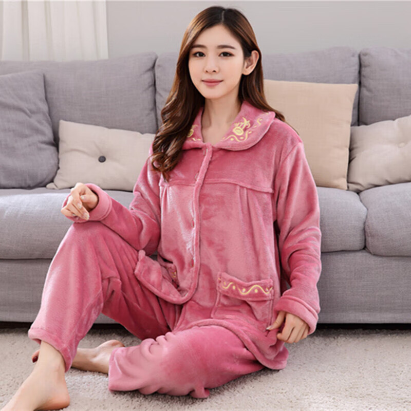 秋冬季 睡衣长袖中年保暖女士百搭套装两件套家居服 889*粉色 l【图片