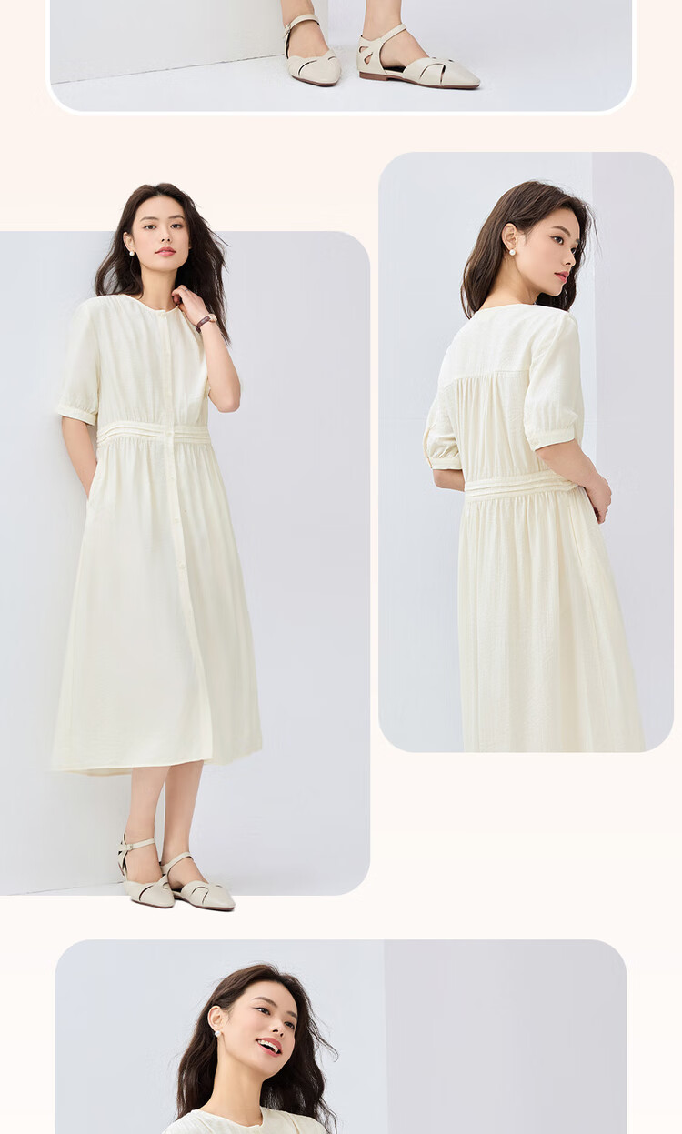 Giordano Women's Summer New Simple Artistic Style Dress with Pleated Trim, Round Neck Short Sleeve Dress 05465078 12
