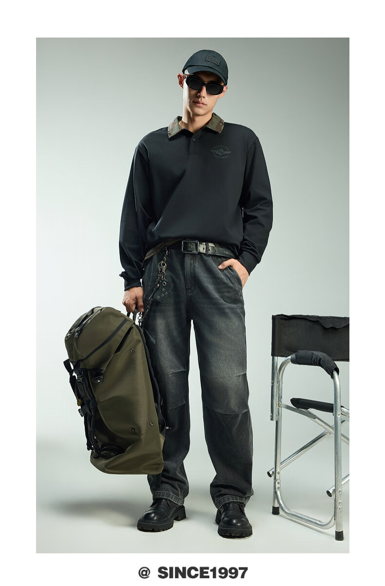 CABBEEN 280G Cotton Plain Weave Camouflage Patchwork Collar Men's Embroidered Long Sleeve Polo Shirt Coal Black 3