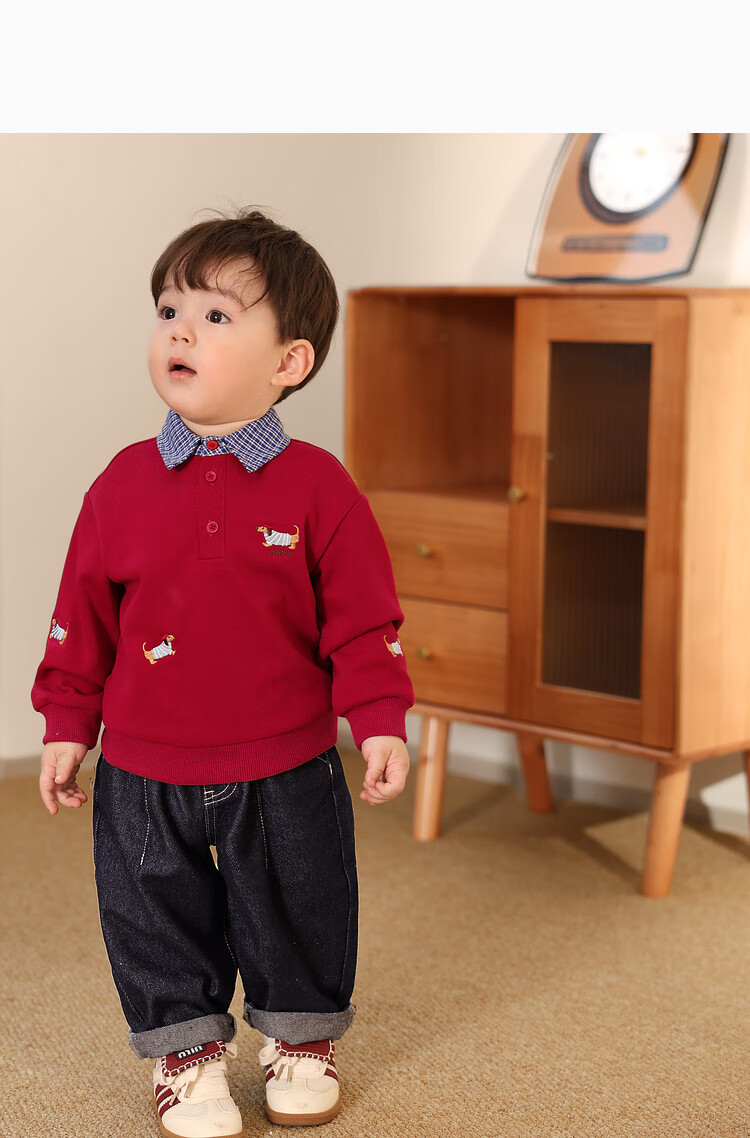 LUSON Xiao O Ba Baby Boy Spring And Autumn Sweatshirt Pullover, Red Faux Two-Piece Stylish Design, New Style for Autumn 2025, Infant Clothing 7