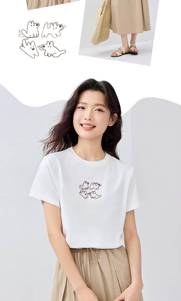 Giordano Women's Short-Sleeve T-Shirt, Summer Pure Cotton, Cute Animal Embroidery, Round Neck Top, Women's 05395381 14