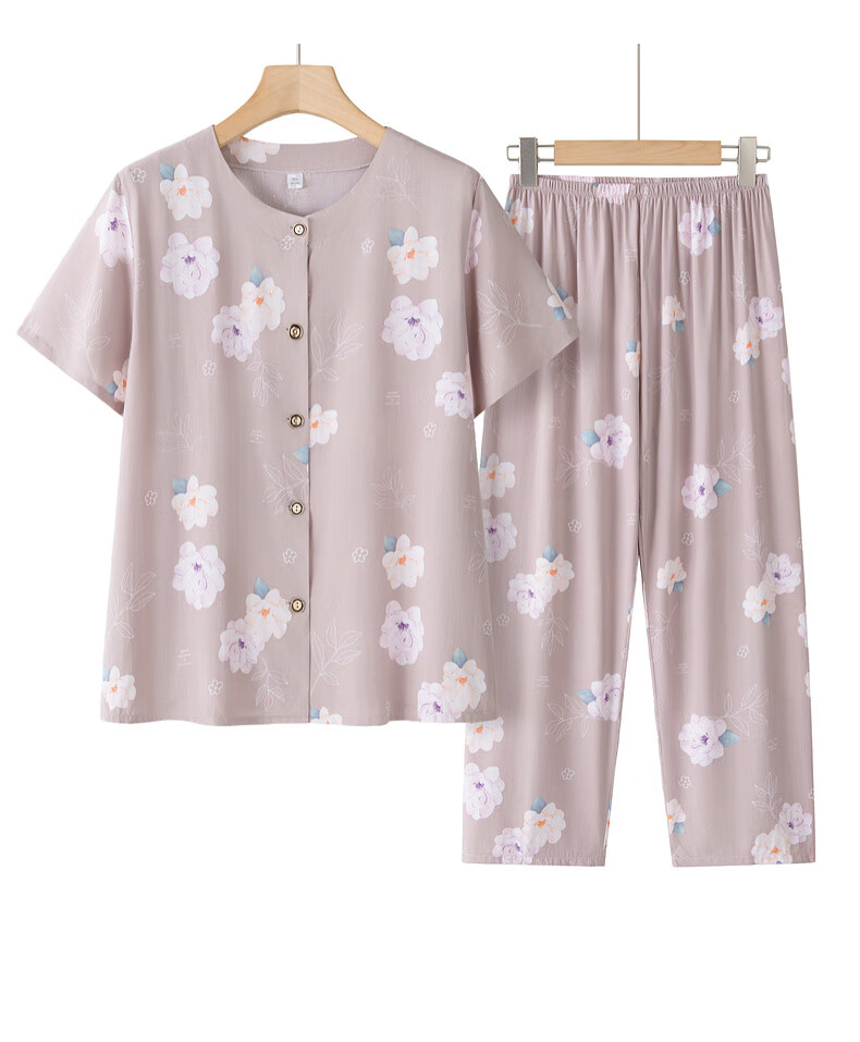 Fengxiao Middle-Aged and Elderly Women's Summer Cotton Silk Short Sleeve Set for 60-70 Year Olds Stylish Grandma Two-Piece Outfit 13