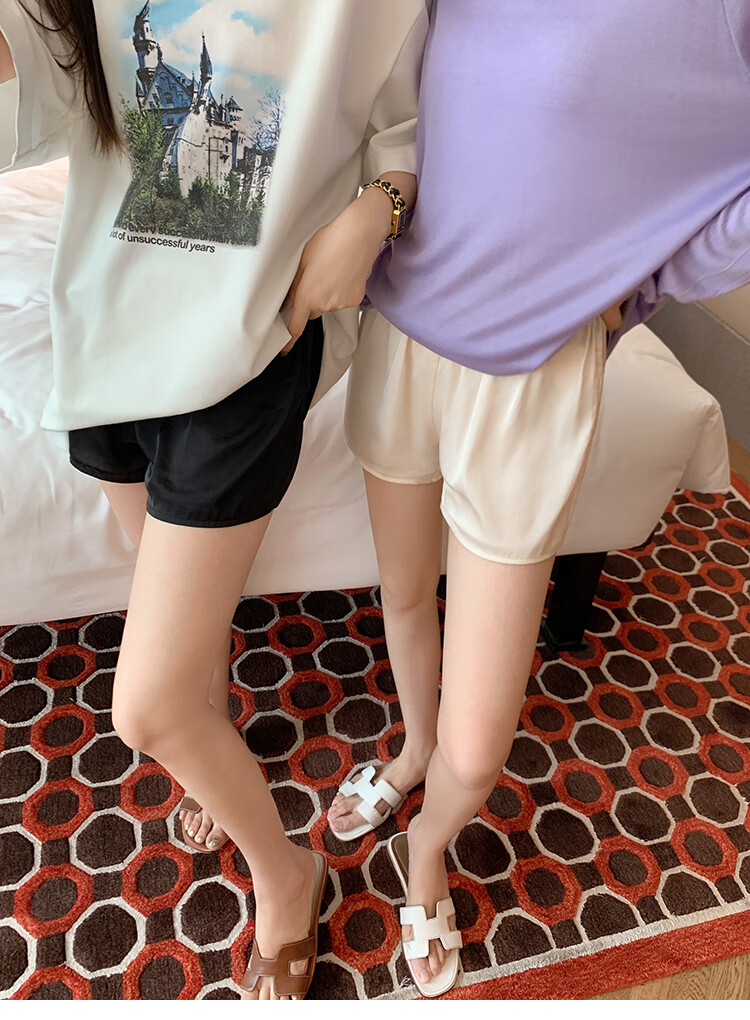 MEIYANG Sleepwear Shorts, Faux Silk Satin Anti-Exposure Shorts, Loungewear Pajama Shorts, Champagne Color, Size L 5
