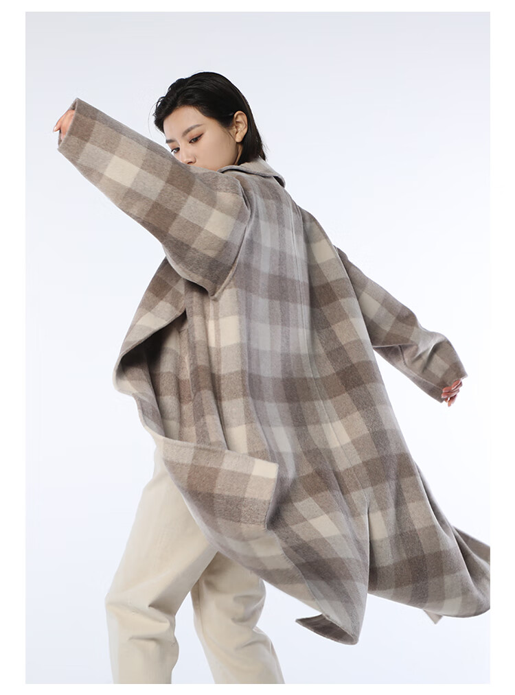 竹林石屋连帽羊毛大衣女冬季新款气质长款按扣格纹西装领商场同款