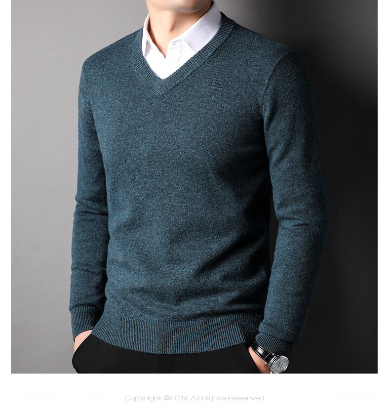 ROMON 100% Pure Wool Men's Thick Heavy 430G Warm V-Neck Casual Knit Sweater for Autumn and Winter 5