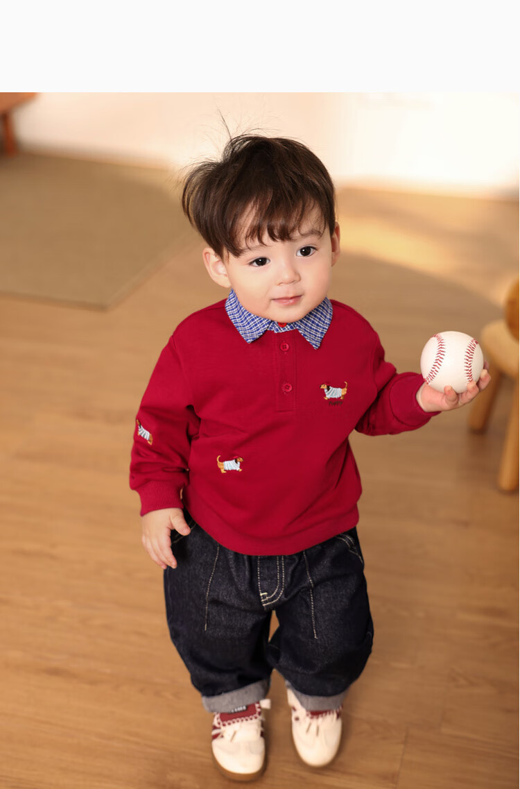 LUSON Xiao O Ba Baby Boy Spring And Autumn Sweatshirt Pullover, Red Faux Two-Piece Stylish Design, New Style for Autumn 2025, Infant Clothing 13