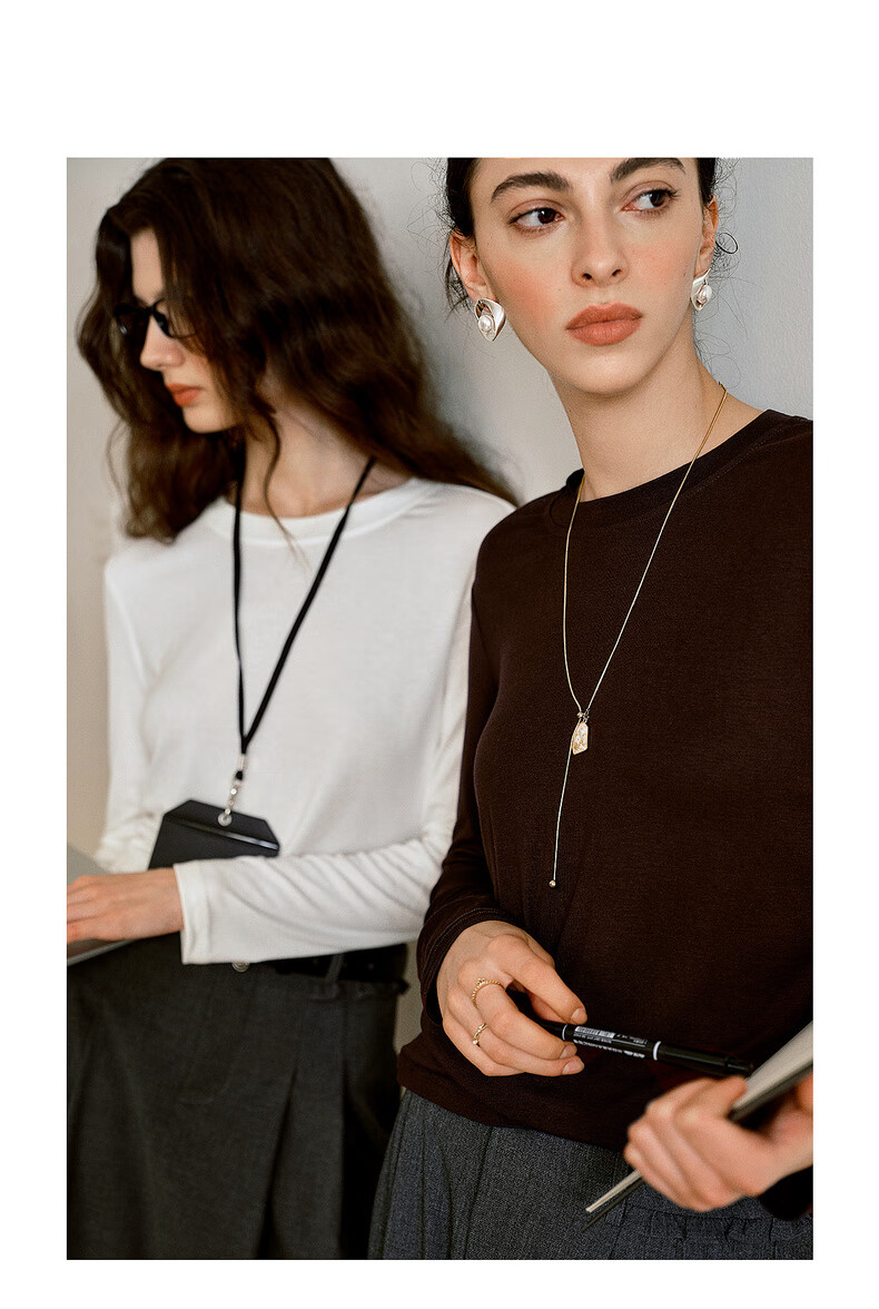 Oulain French Plain Color Basic Versatile Long-Sleeve T-Shirt, Autumn New Simple Fashion Top, Coffee Color, XL 4