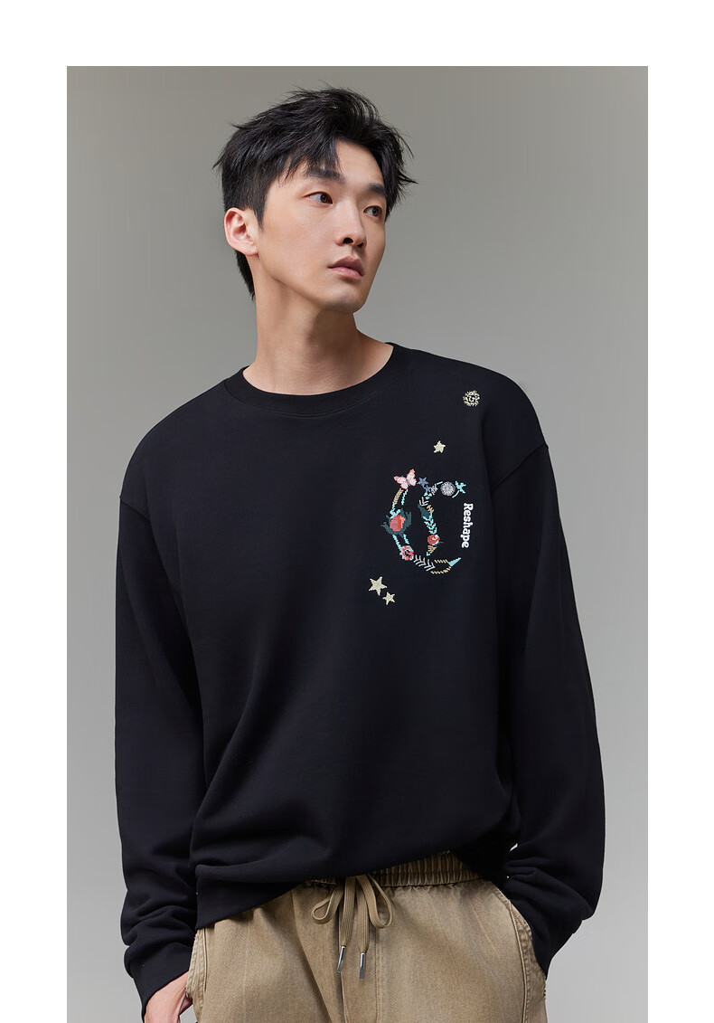 CABBEEN [365G Fish Scale Fabric] Men's Sweatshirt with LOGO Single C Combination Floral Design Winter Long-Sleeve Sweatshirt 10