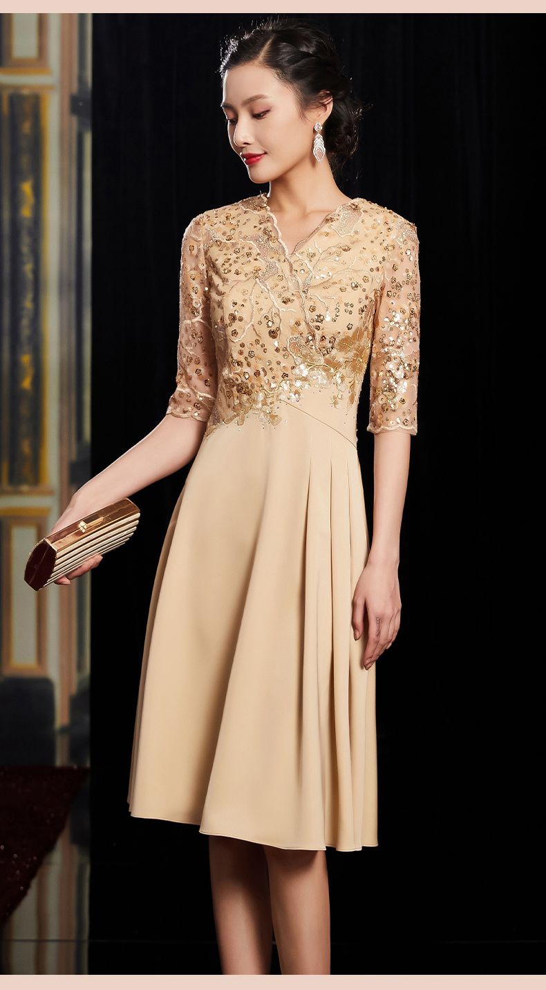 bianyemu婚礼妈妈礼服高贵大码丈母娘婚宴服香槟色连衣裙喜婆婆婚宴装