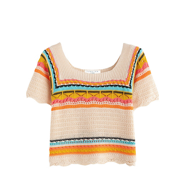 Tangshi 2026 Fashionable Youthful Casual Colorful Striped Women's Short Sleeve Pullover Sweater 10