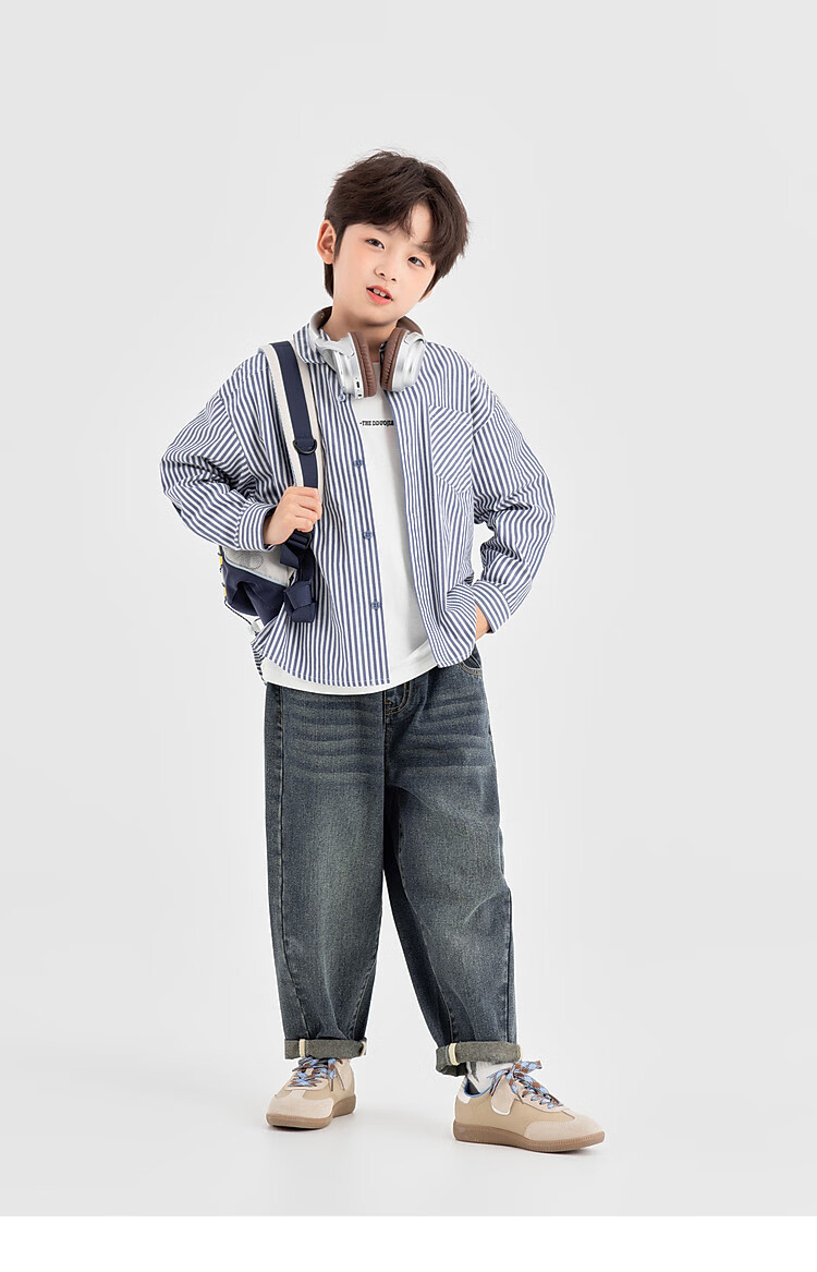 Duoduo Classic Blue and White Striped Boys' Shirt 2025 Autumn New Fashionable Stylish Long Sleeve Outerwear for Older Kids 6