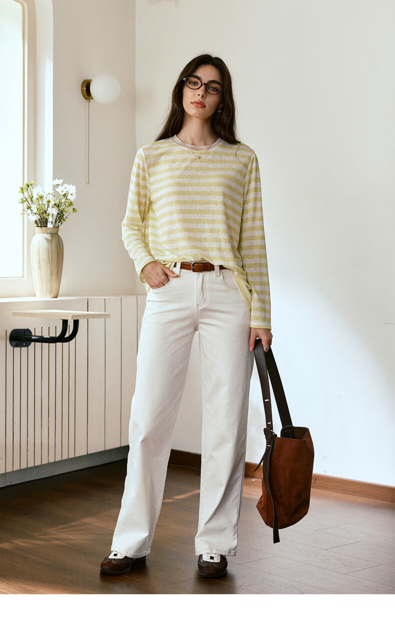 Oulain Round Neck Top Women's Clothing, Autumn New Style, Yellow Striped Pullover Long-Sleeve T-Shirt, Light Yellow, S 8