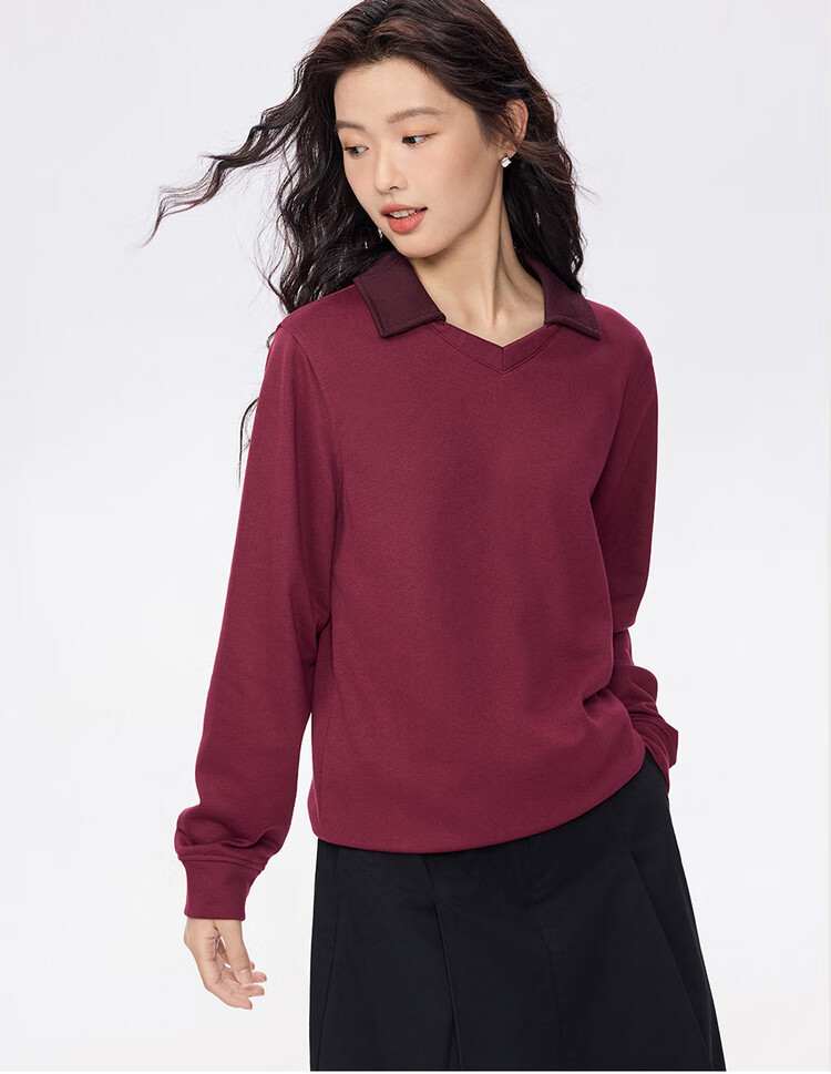 Giordano Women's Autumn Winter New Mist Color Fashion Contrast V-Neck Pullover Sweatshirt 05325807 16