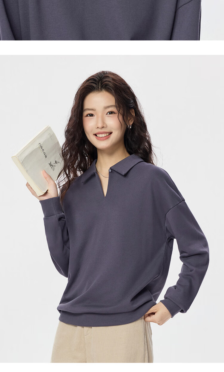 Giordano Women's Autumn Winter Solid Color Simple Lapel V-Neck Reversible Loose Pullover Sweatshirt 05325808 14