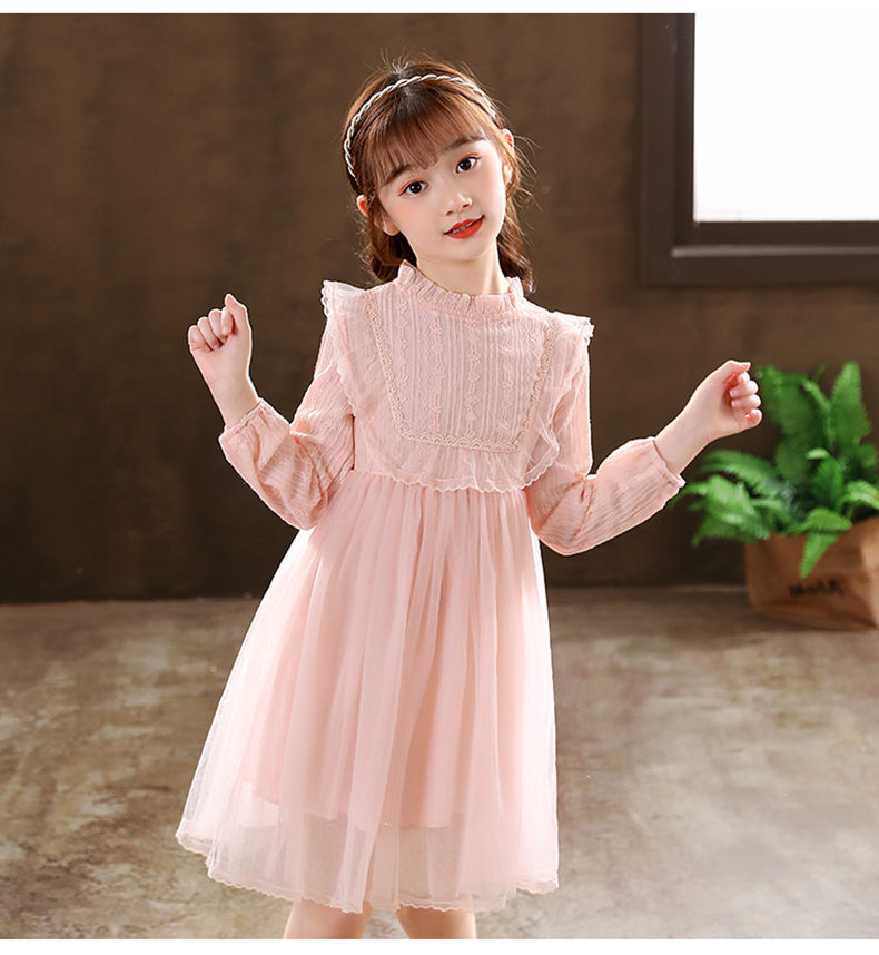 果画3-14岁小女孩穿的长袖白纱裙女童礼服裙花童公主裙蓬蓬纱儿童婚纱