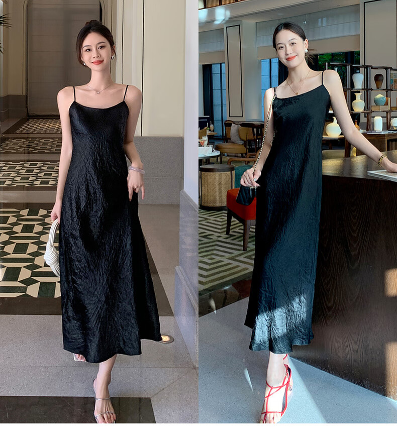 MEIYANG Hepburn Prequel Acetate Spaghetti Strap Dress, Light Luxury Satin Thin Strap Commuter Dress, Black Extended Version, Size S 37
