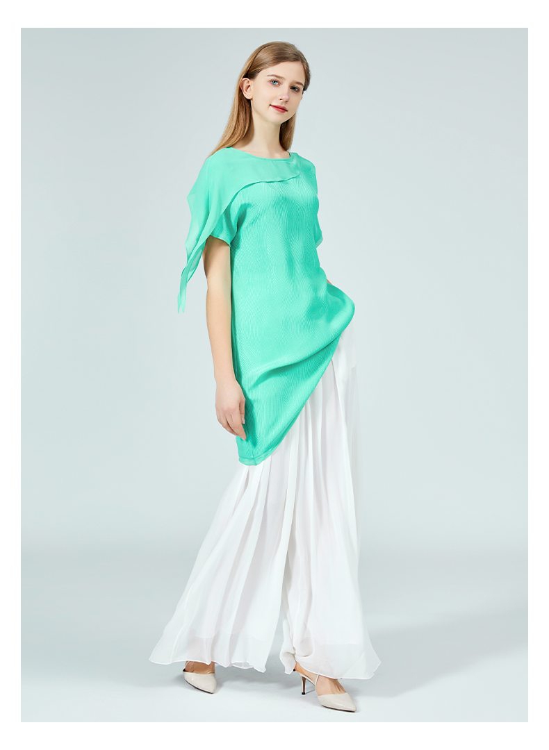 voa提花冠乐绉桑蚕丝船领不对称设计短袖拼接乔其丝绸宽松真丝t恤be