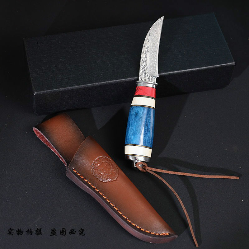 蒙古小刀手工锻打 vg10大马士革吃肉刀鹿角小镶红宝石水果刀 红彩鹿角