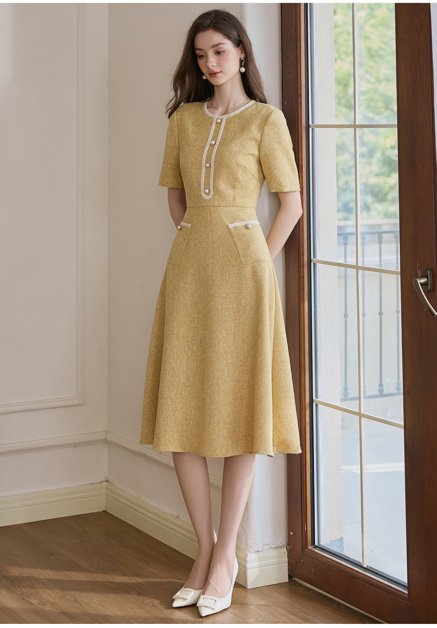 ROEYSHOUSE Elegant Waist-Cinching Flared Dress, Summer Style, Chanel-Inspired Mid-Length Dress 11594, Yellow, S 5
