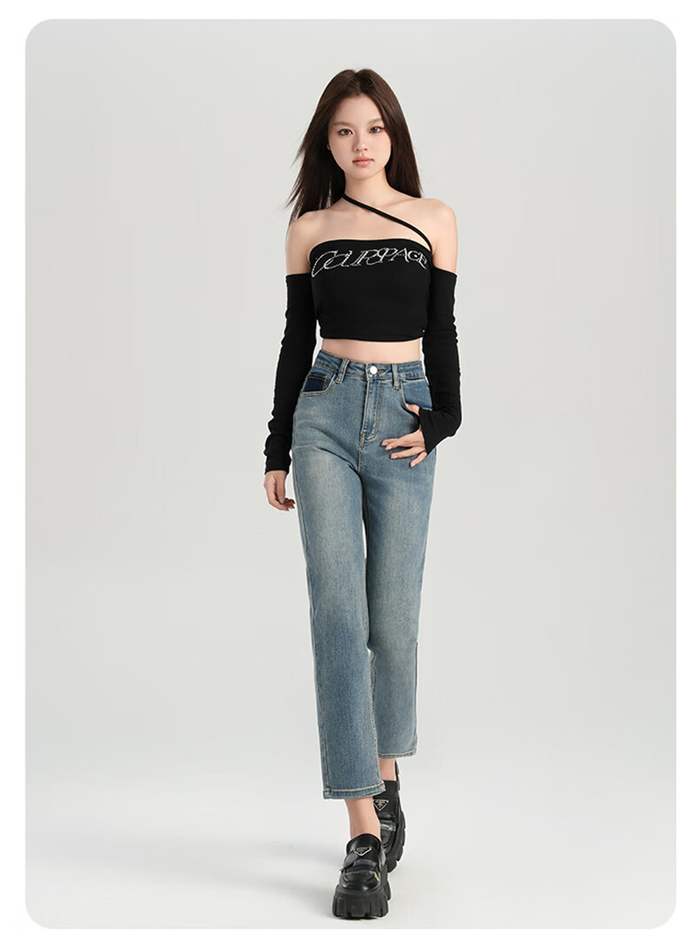 Romon High Waist Slim Fit Women's Denim Jeans Summer Slim Straight Leg Fashion Versatile Cropped Cigarette Pants Vintage Blue 27 7