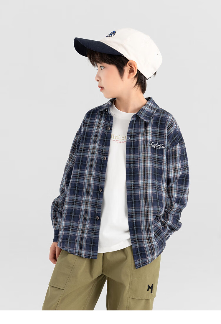 Duoduo Home [Salt Style Literary] Boys' Shirt 2026 Spring Autumn Stylish Fresh Blue Plaid Long Sleeve Pure Cotton Top 6