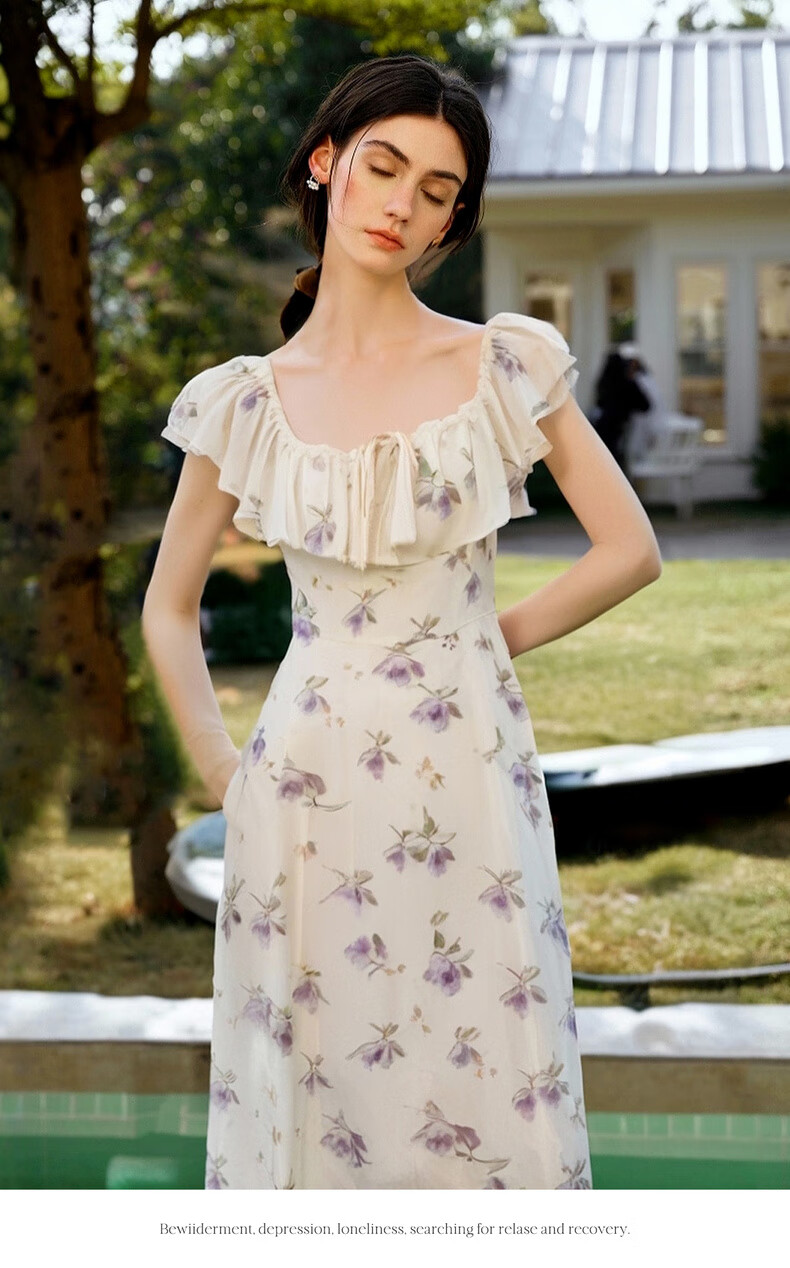 Olrain Purple Gentle French Style Dress Women Summer Square Neck Waist Slimming Long Dress Purple L 13